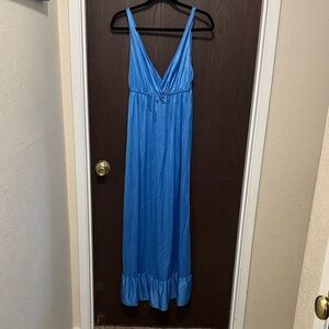 Vintage Blue Satin Ruffle Trim V Neck Empire Waist Maxi Lingerie Slip Dress M